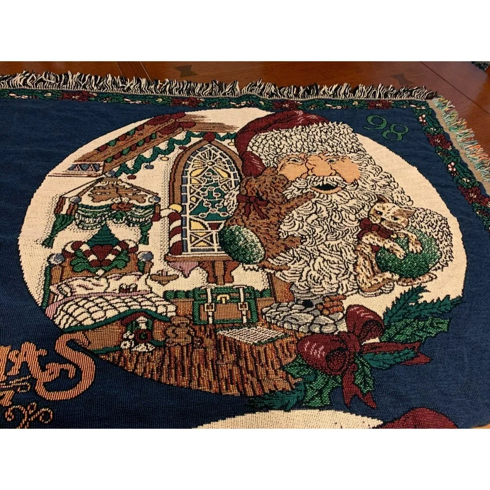 Vtg Santa Christmas at Home Chatham Throw Blanket Tapestry Fringed Cotton USA
